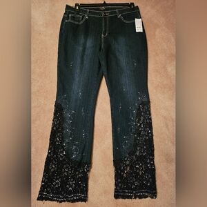 Camille la Vie - Designer beaded Blue Jeans w/Lace Size14